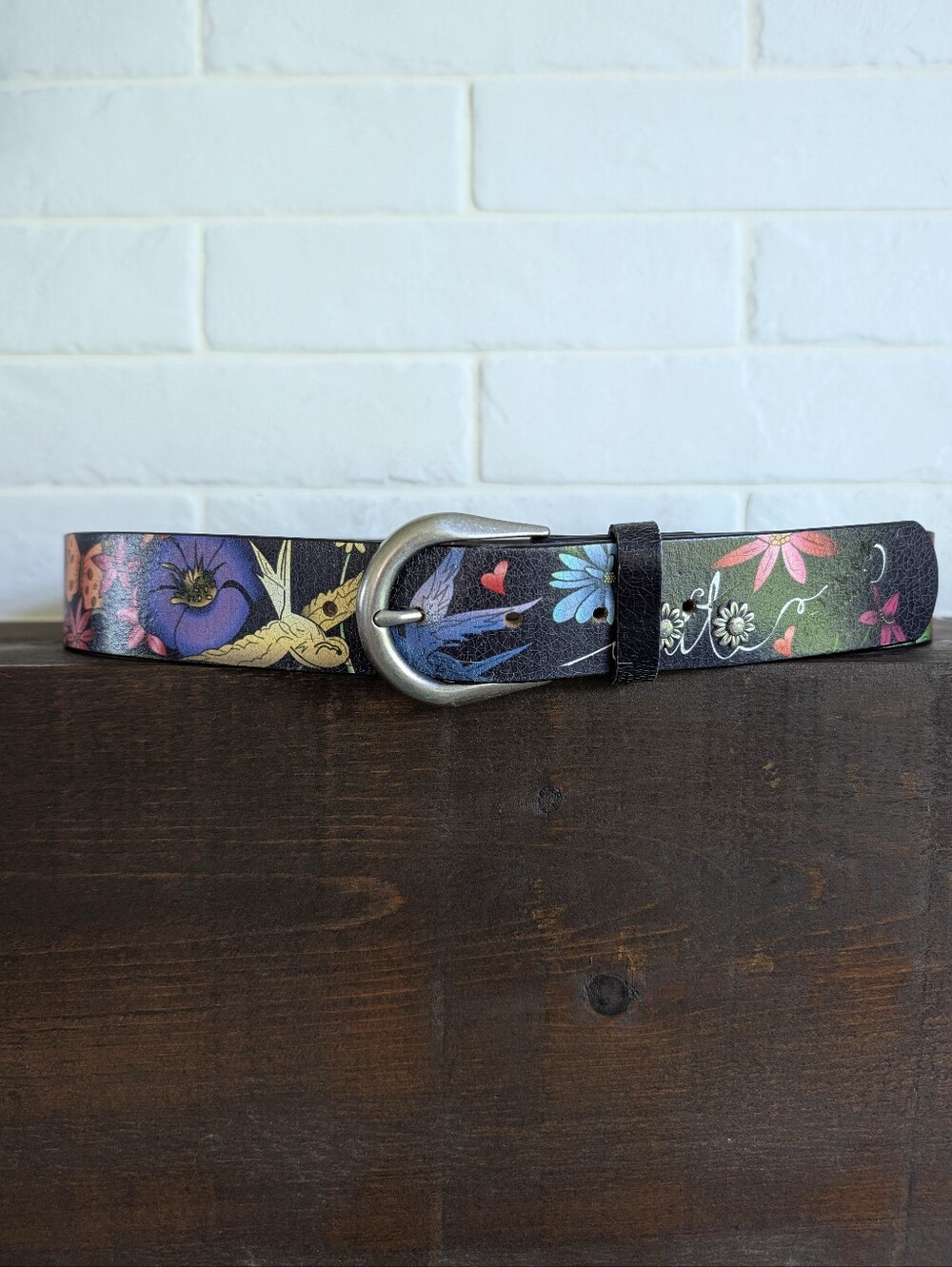 Cobalt Genuine Leather Vivid Painted Black Belt Flowers Bird Small